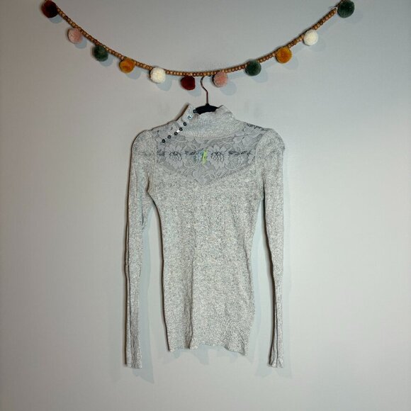 Free People grey lacy button neck sweater - Picture 1 of 4
